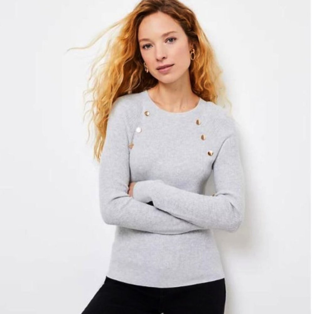 NEW Loft L Ribbed Gray Button Trim Sweater Minimalist Academia Cottage Coastal